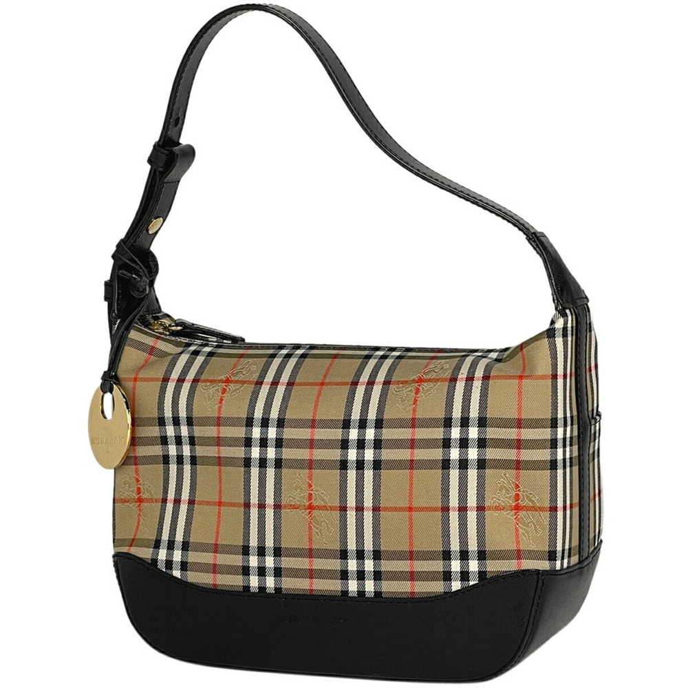 Burberry Check Handbag Shoulder Bag Canvas Beige Black
